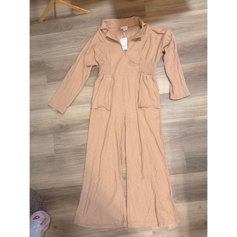 Heyson Womens Long Sleeve Wide Leg Jumpsuit Tan Smocked Waist LJ1018 NWT Large